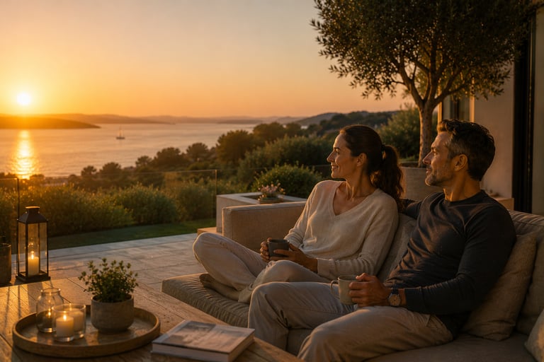 Couple 45/55 en retour au calme contemplant le coucher du soleil sur le Golfe du Morbihan