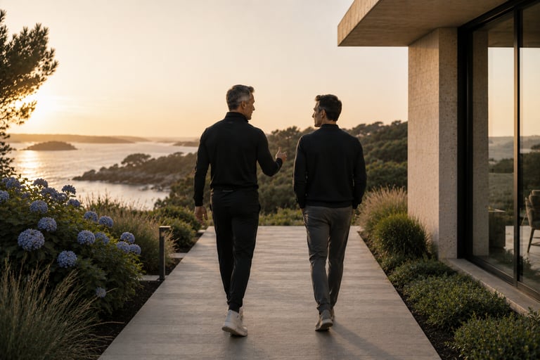 Coach performance et dirigeant marchant côte à côte au coucher du soleil devant une villa contemporaine avec vue sur le Golfe