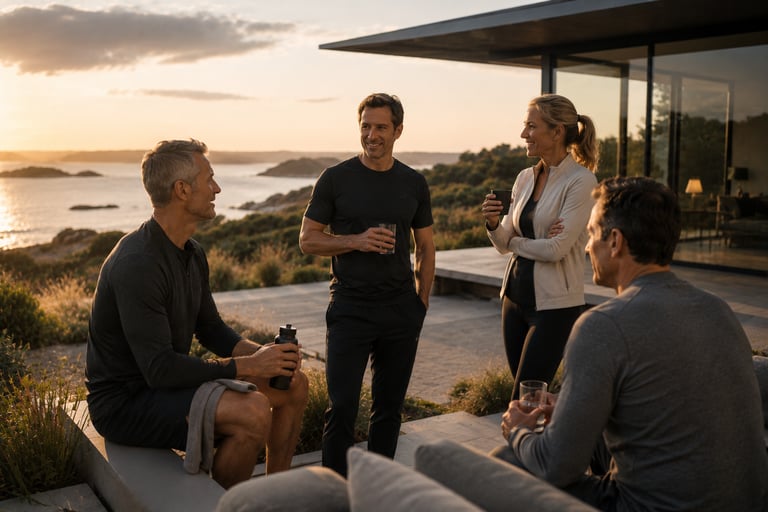 roupe de dirigeants et entrepreneurs échangeant après une séance de coaching bien-être premium face au Golfe du Morbihan