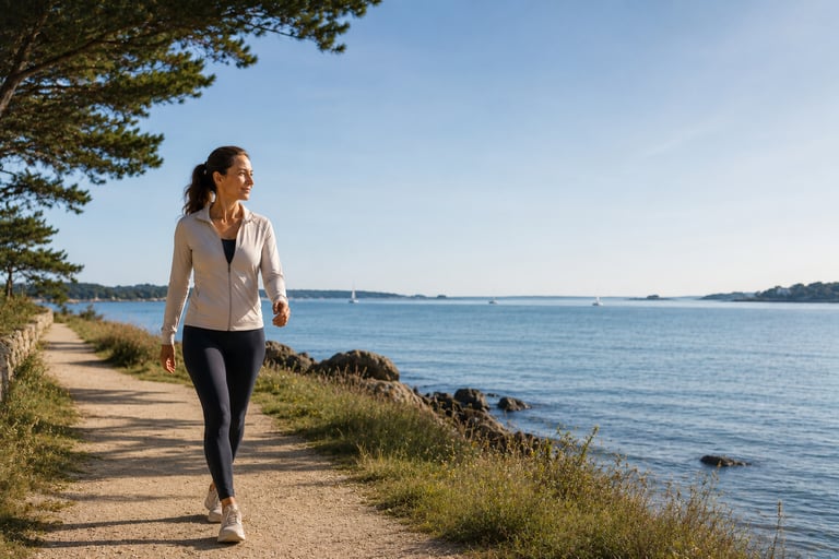 Femme 45/55 pratiquant une marche active le matin sur un sentier au bord du Golfe du Morbihan