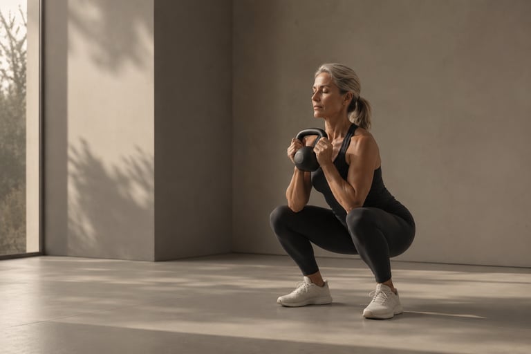 Femme 45/55 ans effectuant un exercice de force fonctionnelle dans un mouvement de Gobblet Squat ' l'aide d'une KettleBell