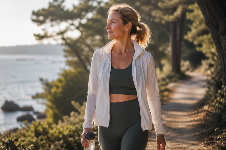 Femme marchant activement sur un sentier du Golfe du Morbihan avec bouteille d’eau en mode récupération de l'effort