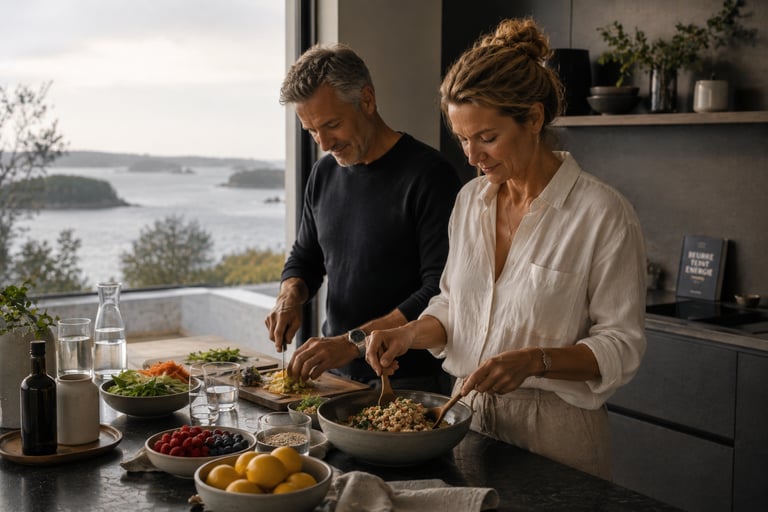 Couple préparant un repas équilibré avec quinoa, légumes et fruits dans une cuisine contemporaine