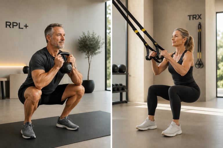 Homme réalisant un Goblet Squat, femme réalisant un Squat à l'aide d'un TRX