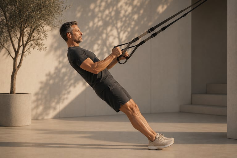 Homme effectuant un tirage TRX illustrant le pattern pull lors d'une séance RPL+
