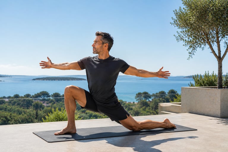 Homme 45/55 pratiquant un exercice de respiration et ouverture thoraciquesur sa terrasse