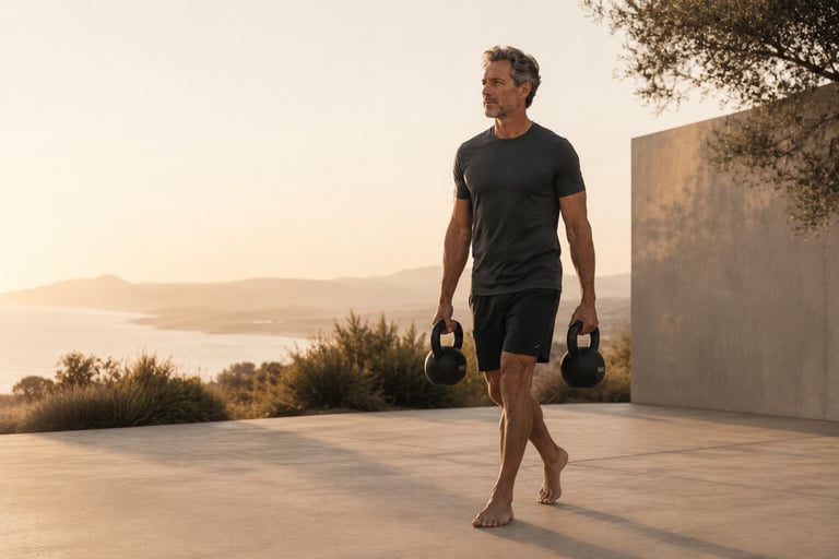 Homme en exercice Farmer Carry avec deux kettlebells en conditionning intelligent lors d'une séance RPL+