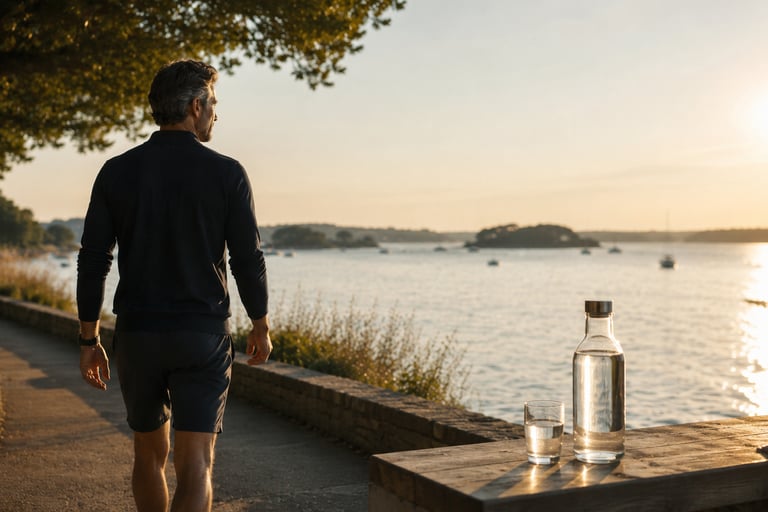 Homme marchant au coucher du soleil face au Golfe du Morbihan avec bouteille et verre d’eau pour une bonne hydratation