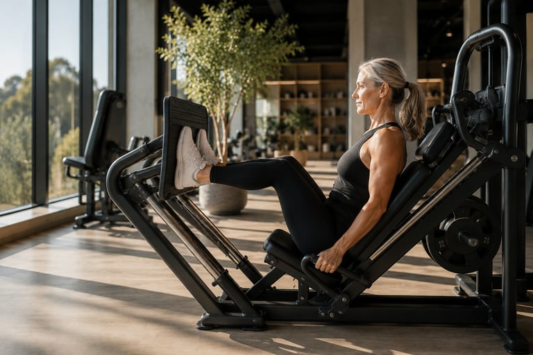 Femme 40 plus effectuant un exercice de renforcement musculaire sur machine leg press