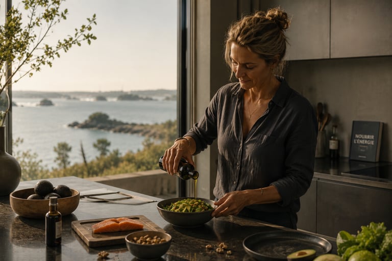 Femme préparant un repas équilibré avec huile d’olive, avocat et saumon dans une cuisine contemporaine