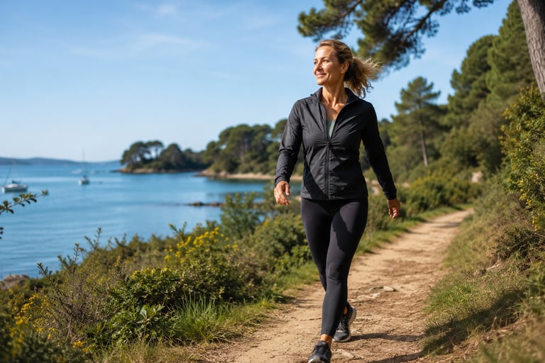 Femme marchant de façon active sur un sentier du Golfe du Morbihan : mobilité, énergie et récupération durable.