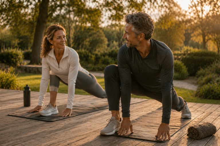 Couple réalisant une séance de mobilité et d’étirements dans une ambiance wellness premium en récupération articulaire