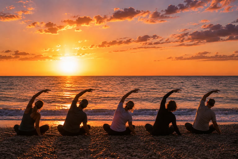 Séance bien-être et mobilité RPL+ face à l’océan au coucher du soleil