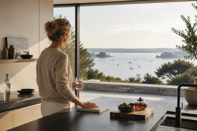 Femme contemplant le Golfe du Morbihan depuis une cuisine contemporaine avec verre d’eau et thé