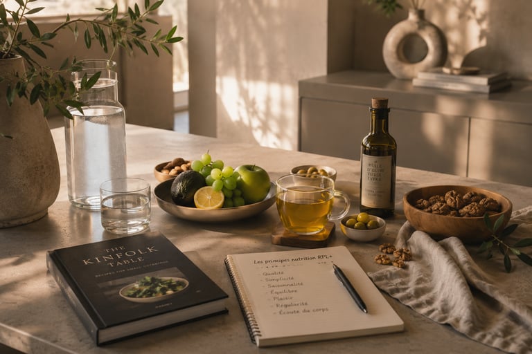 Nature morte lifestyle premium illustrant les principes nutrition RPL+ avec eau, thé, huile d’olive, fruits et oléagineux