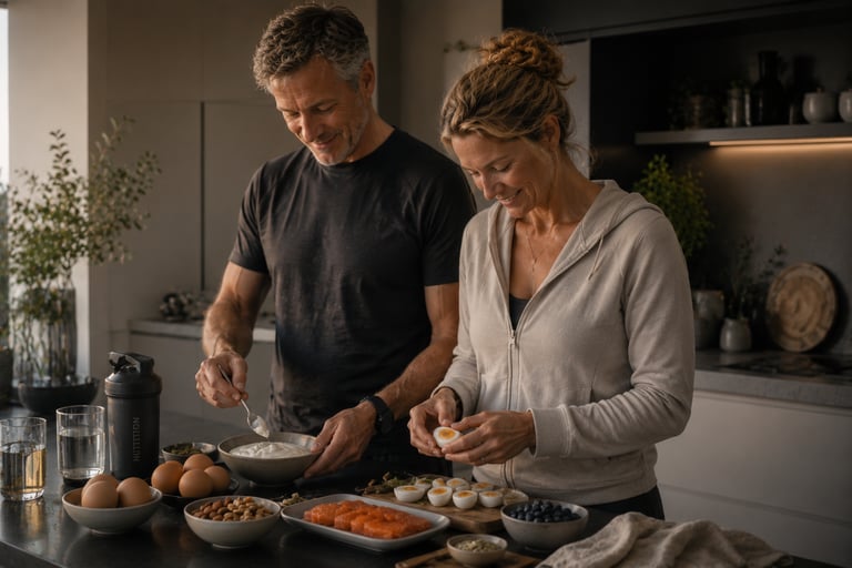 Couple préparant une collation riche en protéines avec œufs, saumon, yaourt grec et shaker dans une cuisine contemporaine