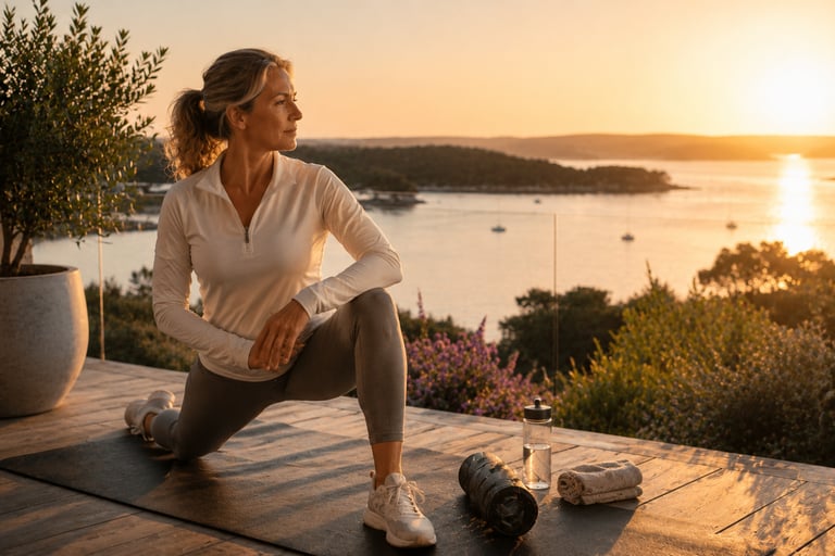 Femme réalisant une séance de mobilité au coucher du soleil face au Golfe du Morbihan
