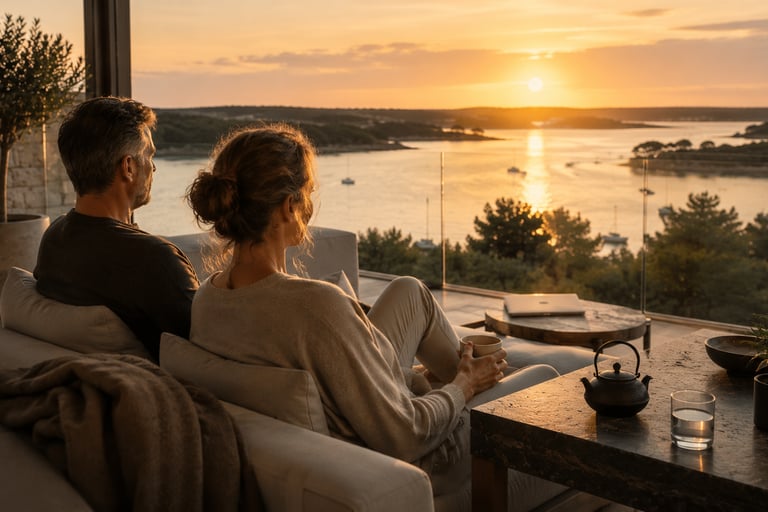 Couple profitant d’un moment de récupération au coucher du soleil face au Golfe du Morbihan dans une ambiance wellness