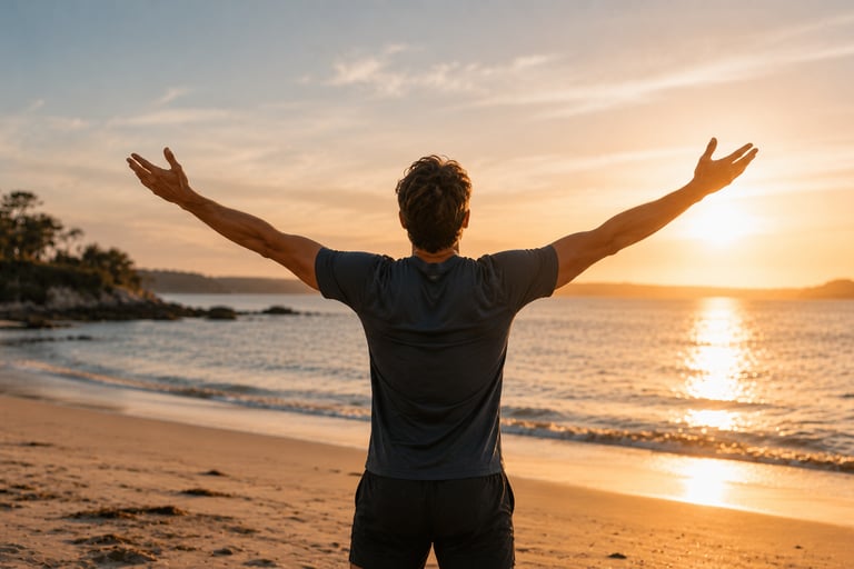 Homme de dos levant les bras face à la mer au coucher du soleil : respiration, récupération et gestion du stress