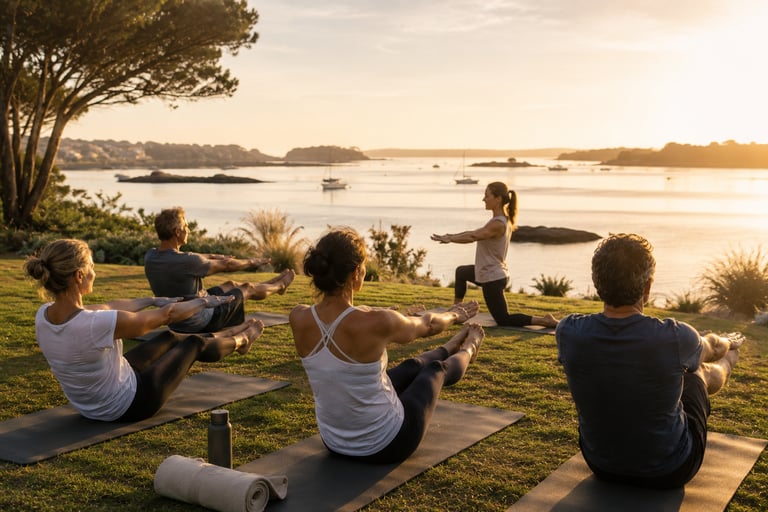 Séance Yogo face au Golfe lors des semaines remise en forme Rhuys Wellness