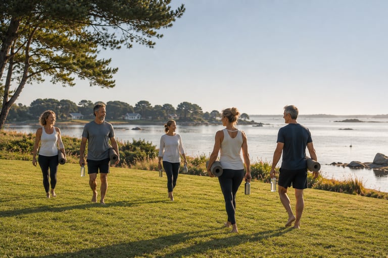 Small Group qui arrive au bord du Golfe pour une séance de remise en forme Rhuys Wellness, sous le soleil du matin