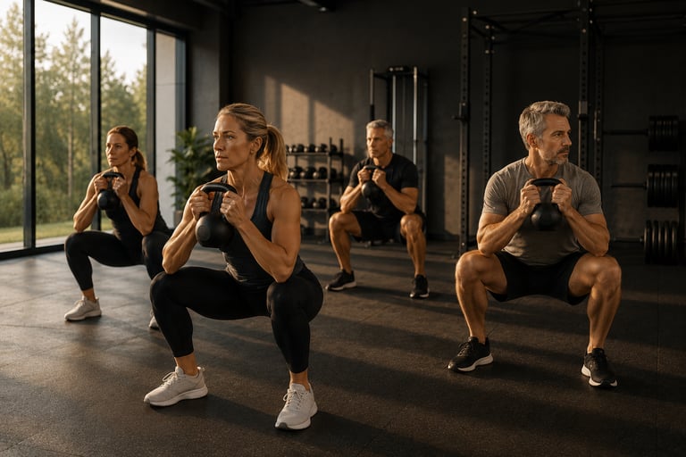 Small Group en salle lors d'une séance RPL+ force fonctionnelle qui réalise des squats à l'aide de KettleBells