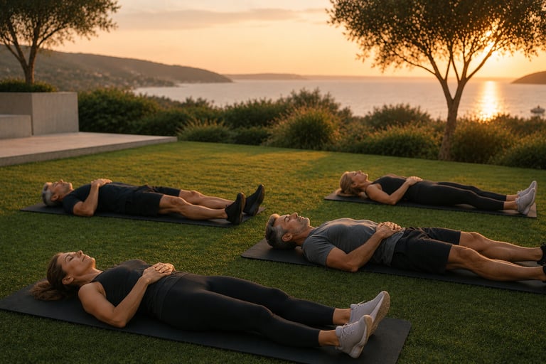 Small Group allongé sur tapis en extérieur pour un retour au calme respiration lors d'une séance RPL+