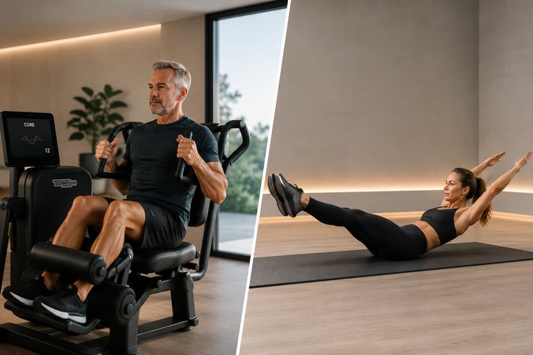 Homme en exercice sur une core machine, femme en gainage banane (Hollow hold).