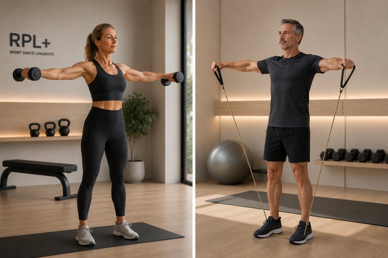 À gauche femme en élévations latérales avec haltères, à droite homme en élévations latérales élastique