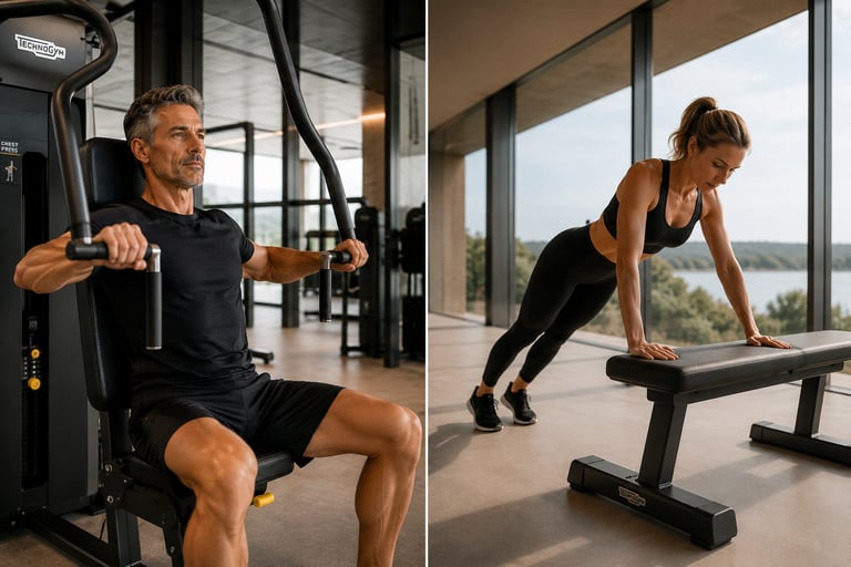 Une bonne alternative au poids du corps à la Chest Press : les pompes inclinées à l'aide d'un banc pour cibler les pectoraux.