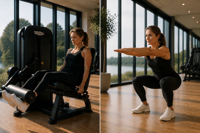 Femme réalisant du renforcement musculaire en leg extension à gauche et alternative au poids du corps en squat à droite