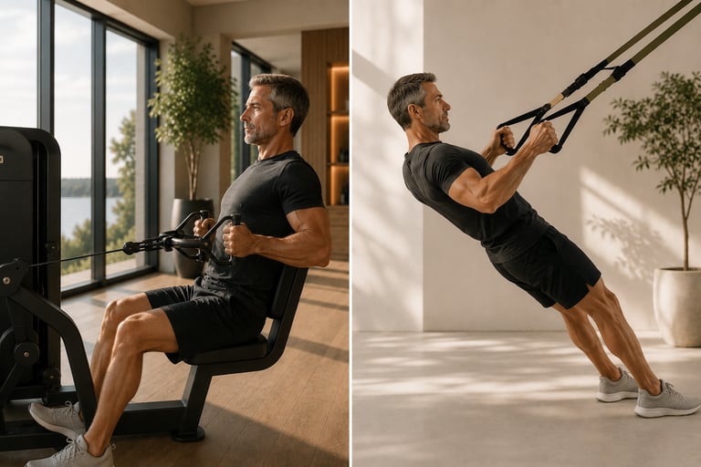 A gauche homme réalisant un tirage horizontal et à droite variante au poids du corps en TRX Row