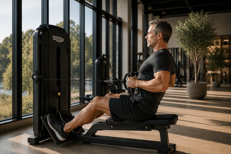 Homme effectuant un tirage horizontal lors d'un entraînement RPL+ en salle de sport