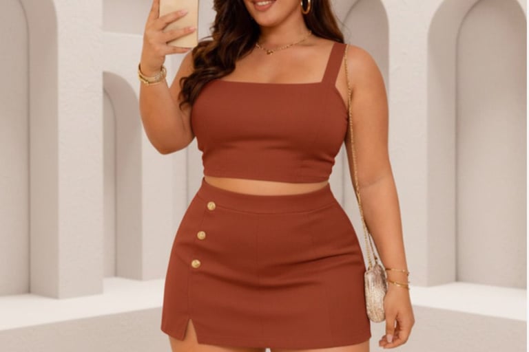 conjunto plus size feminino moderno tendência 2026 confortável