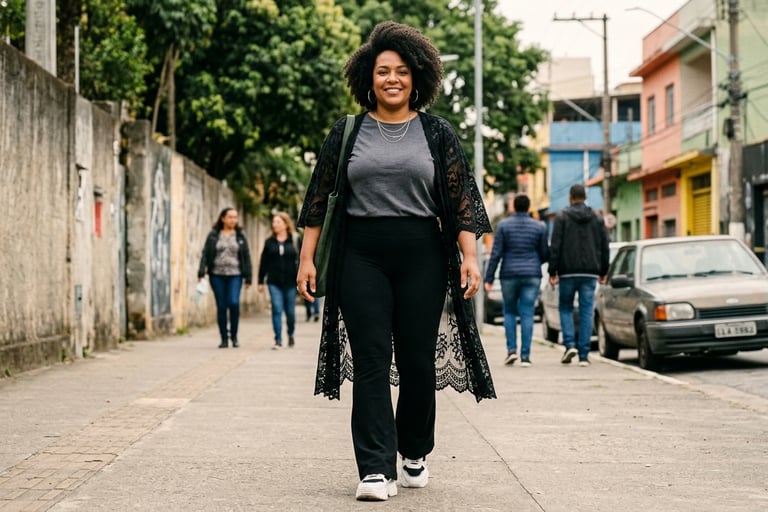 look plus size casual com calça preta e kimono rendado outono inverno 2026