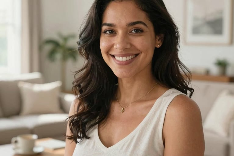 A beautiful, high-quality portrait of a hopeful North American woman in a sunlit living room, looking into the camera with a confident, healthy smile. The scene is bright and conveys a sense of renewed well-being.