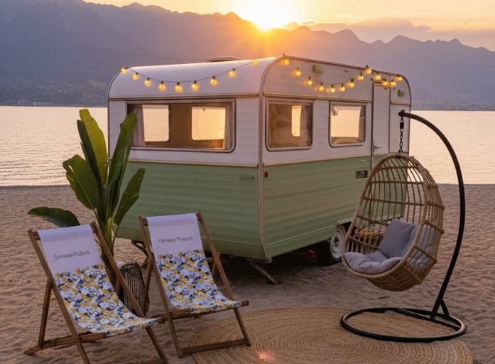 Caravane photobooth installée sur la plage au bord du lac Léman.