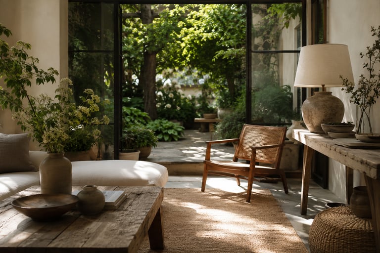 Cozy indoor-outdoor living space with natural materials, warm sunlight, layered greenery and timeles