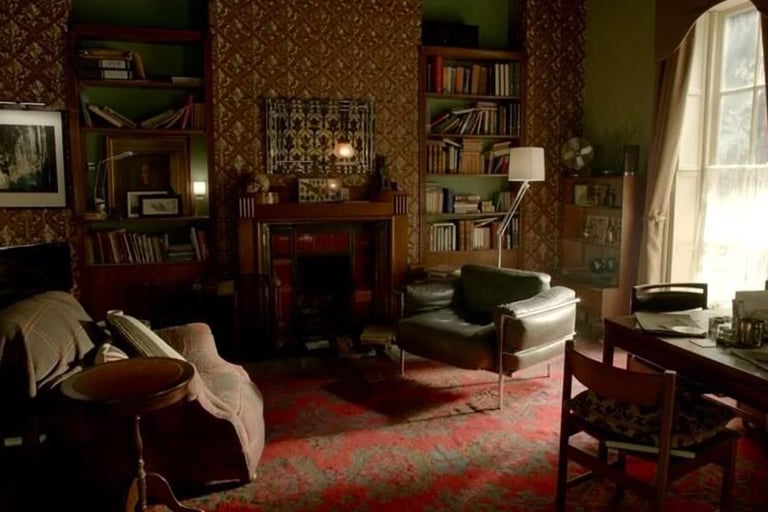 Warm patterned living room with bookshelves, soft seating and natural light, creating a cozy home at