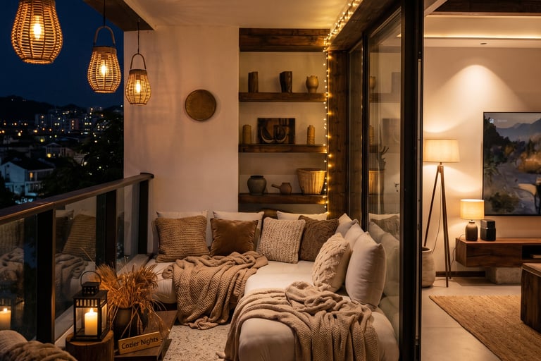 Cozy balcony with warm ambient lighting and natural wooden textures, inspired by warm European outdoor living