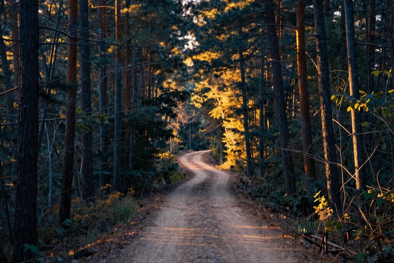 A serene North American forest path at sunrise, with warm golden light filtering through the trees. The path symbolizes a spiritual journey and peace, professionally captured with high detail and a palette of sand and deep blue.