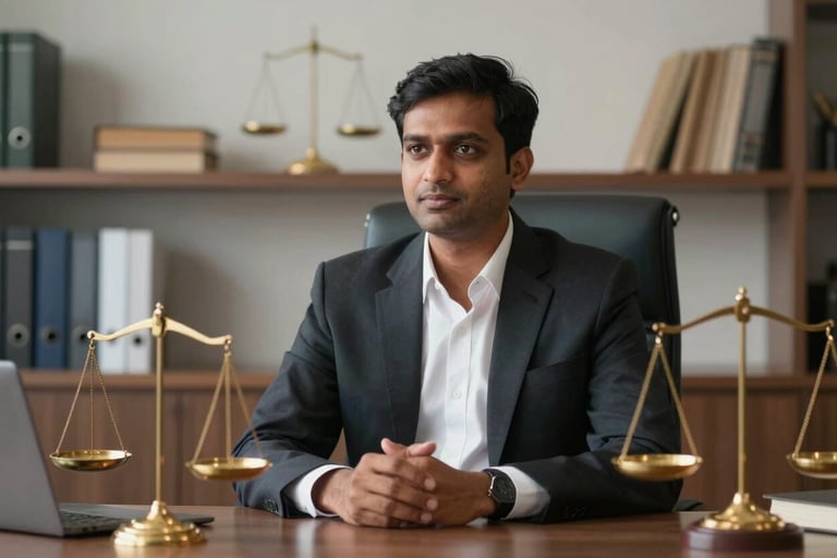 A professional South Asian / Indian legal expert in a white shirt and dark blazer sitting behind a desk in a modern, elegant office. A golden scale of justice is visible on a shelf behind them. Professional, credible mood.