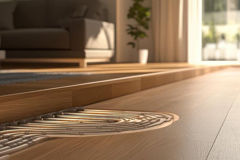 Hydronic radiant floor heating system pipes installed under modern LVT Screeded floor