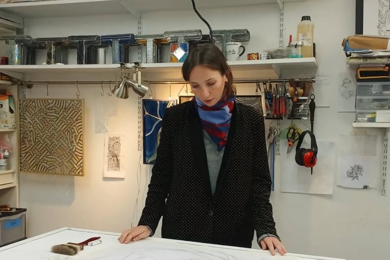 Edith Théret à l'atelier : étude et conception de projet vitrail sur-mesure.