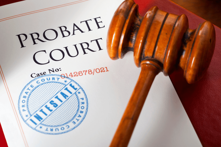 Probate court paperwork with judge’s gavel representing legal process