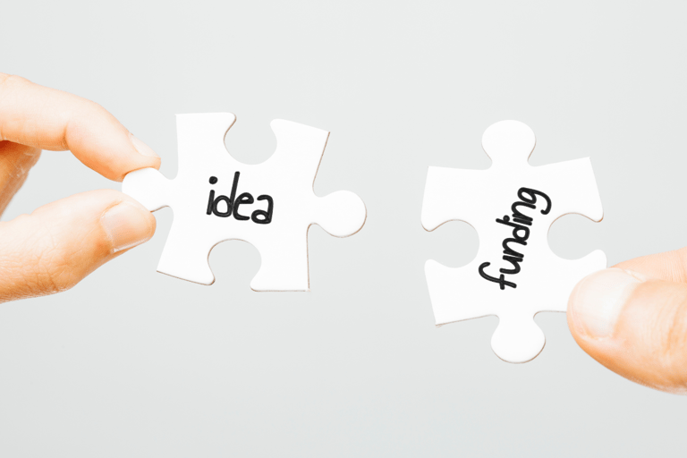 Puzzle pieces labeled idea and funding showing cash advance connection