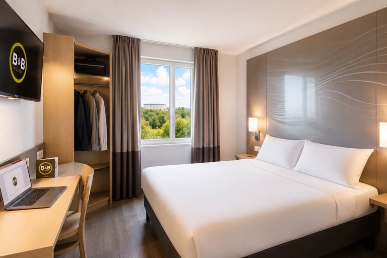 Modern B&B Hotel room featuring a double bed, wooden desk with laptop, and scenic window view.