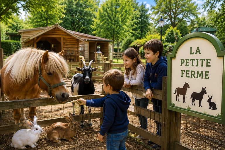 Children feeding a pony, goat, and rabbits at La Petite Ferme petting zoo.