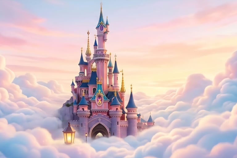 A pink fairy tale castle with blue spires floating above a sea of soft white clouds at sunset.