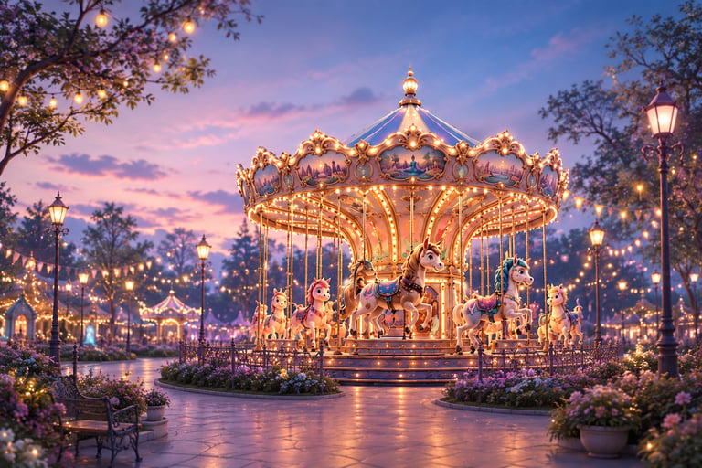 Illuminated vintage carousel with horses in a magical park at sunset with fairy lights.